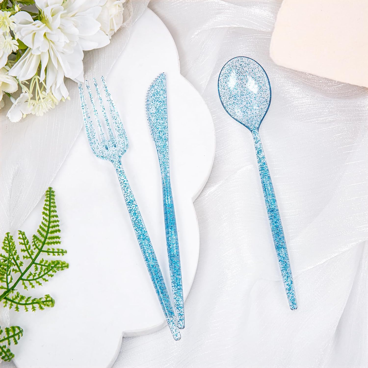 Rubtlamp 180 Pcs Blue Glitter Plastic Silverware, Clear Blue Plastic Cutlery, Heavy Duty Blue Plastic Utensils Set,Disposable Blue Flatware Include 60Blue Forks, 60Blue Spoons,60Blue Knives for Party