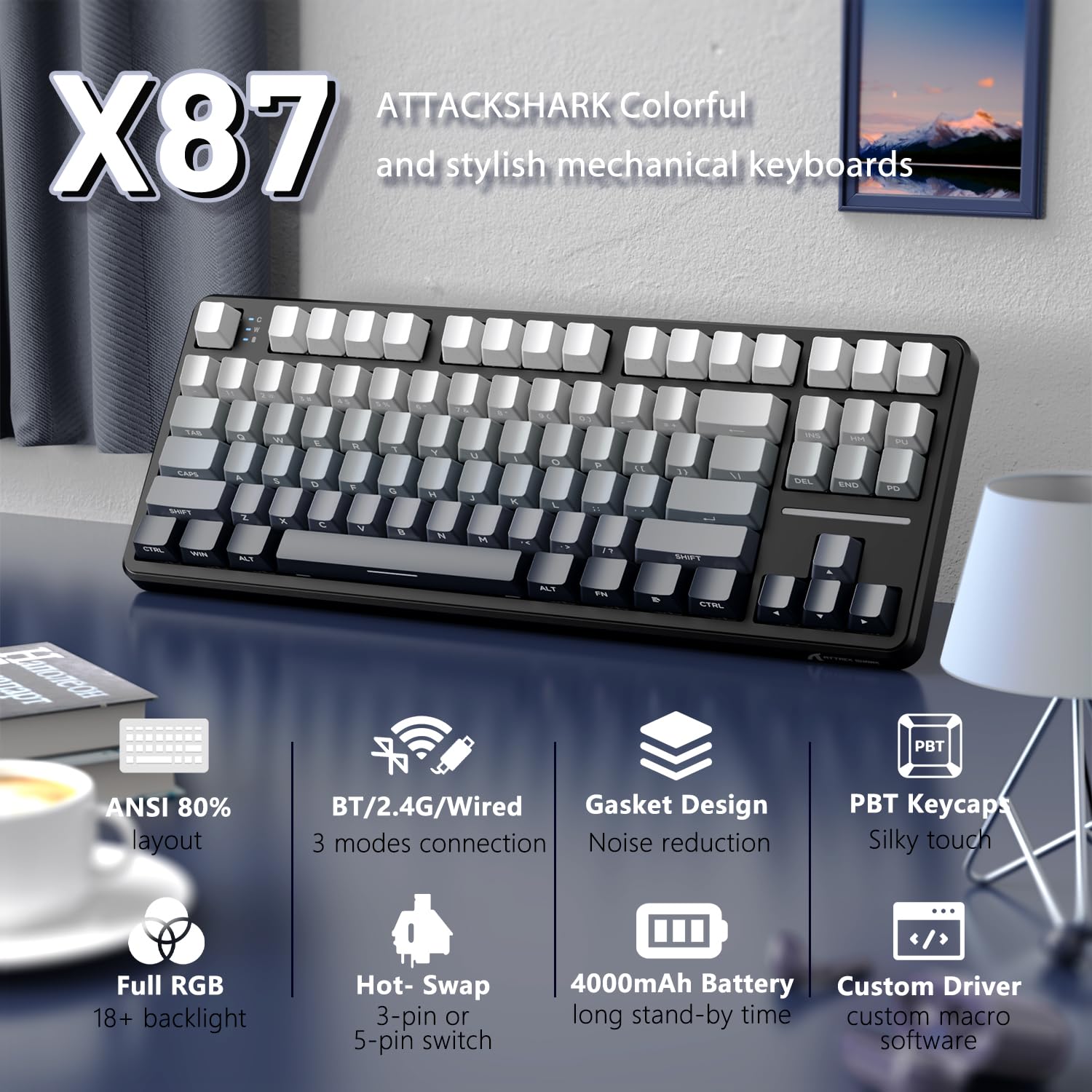 ATTACK SHARK X87 Lateral Grabado RGB Inalámbrico Teclado Mecánico Gaming | BT5.0/2.4G/USB-C,Hot-Swap, Gasket Diseño 80% y Teclas PBT,4000mAh, Interruptor Lineal Pre-lubricado, para PC/MAC-Negro Blanco