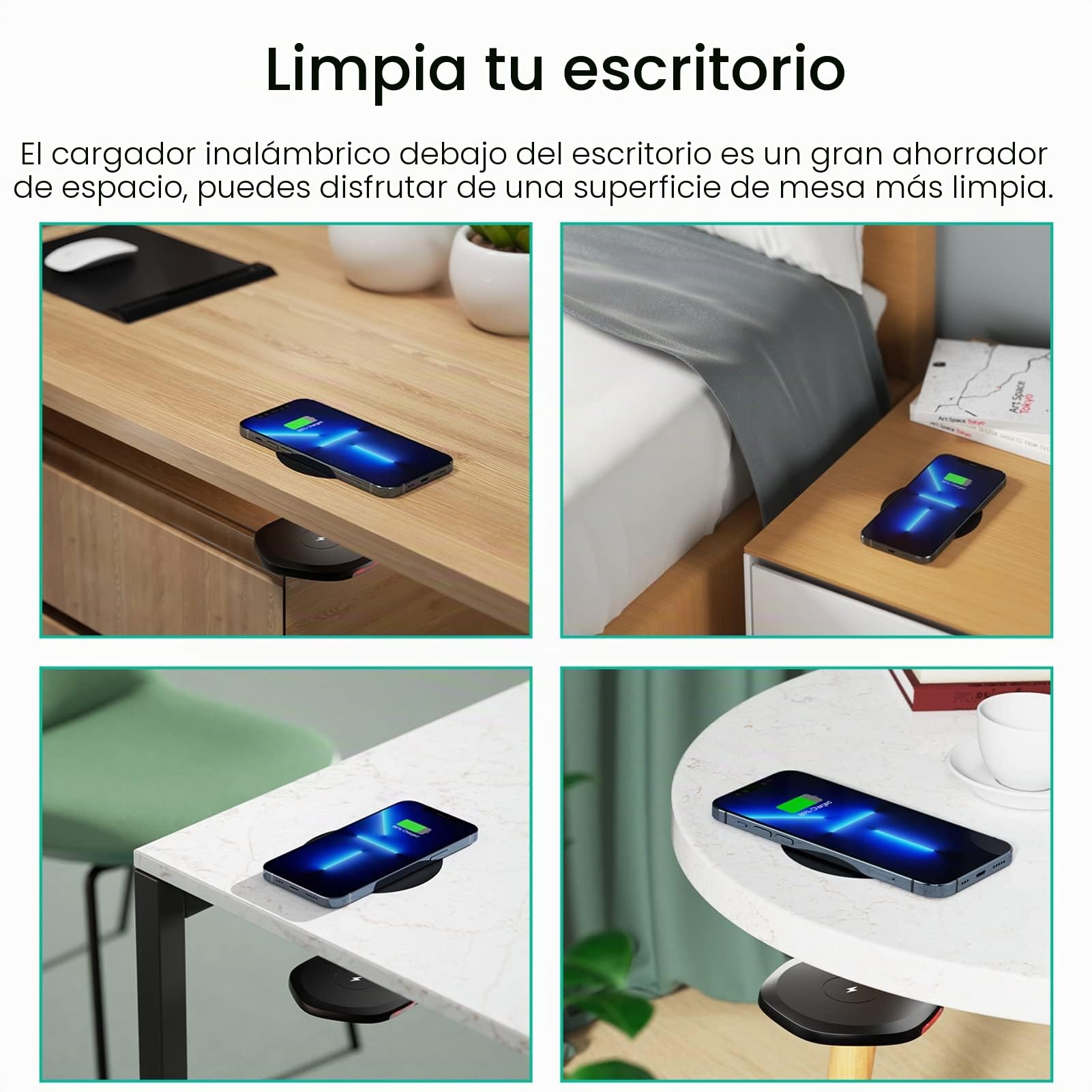 Cargador inalámbrico Invisible, Cargador QI Debajo de la Mesa de 30 mm Carga inalámbrica de 10 W para i-Phone 14/13/12/11/X/8 Bar/Mesa de Centro/Escritorio