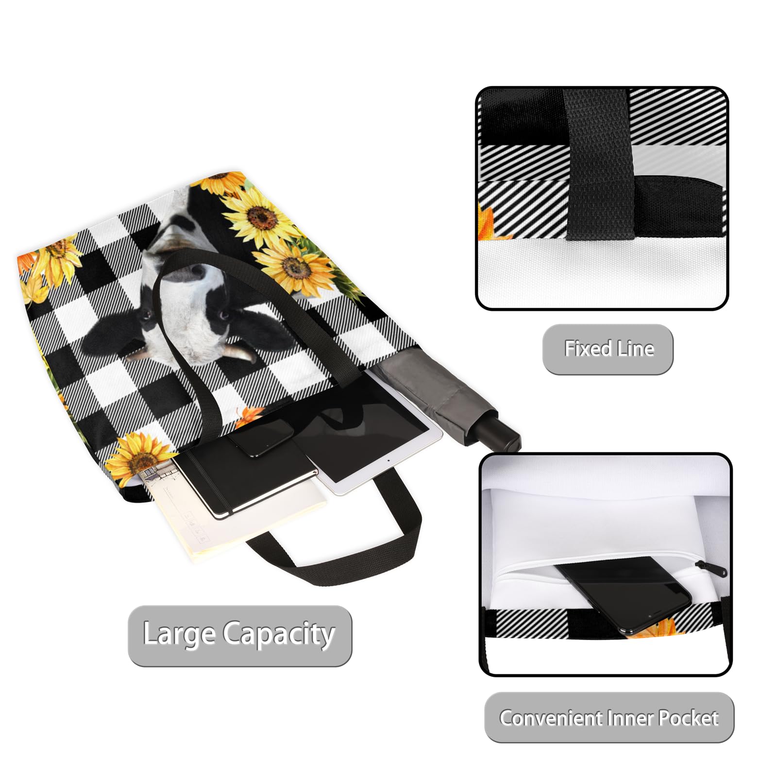 Mularoka Grid Cow Sunflowers Large Capacity Canvas Tote Bag Stylish Handheld Shoulder Bag Reusable Shopping Bag for Work Travel Beach Trips Shopping