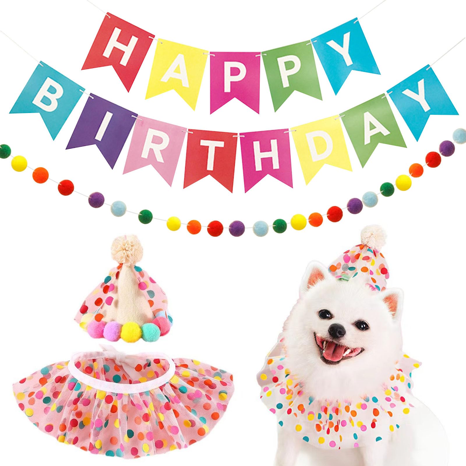 Compleanno Cane Bandana da Festa Set Puntini Colorati Ghirlanda Pompon Striscione Happy Birthday