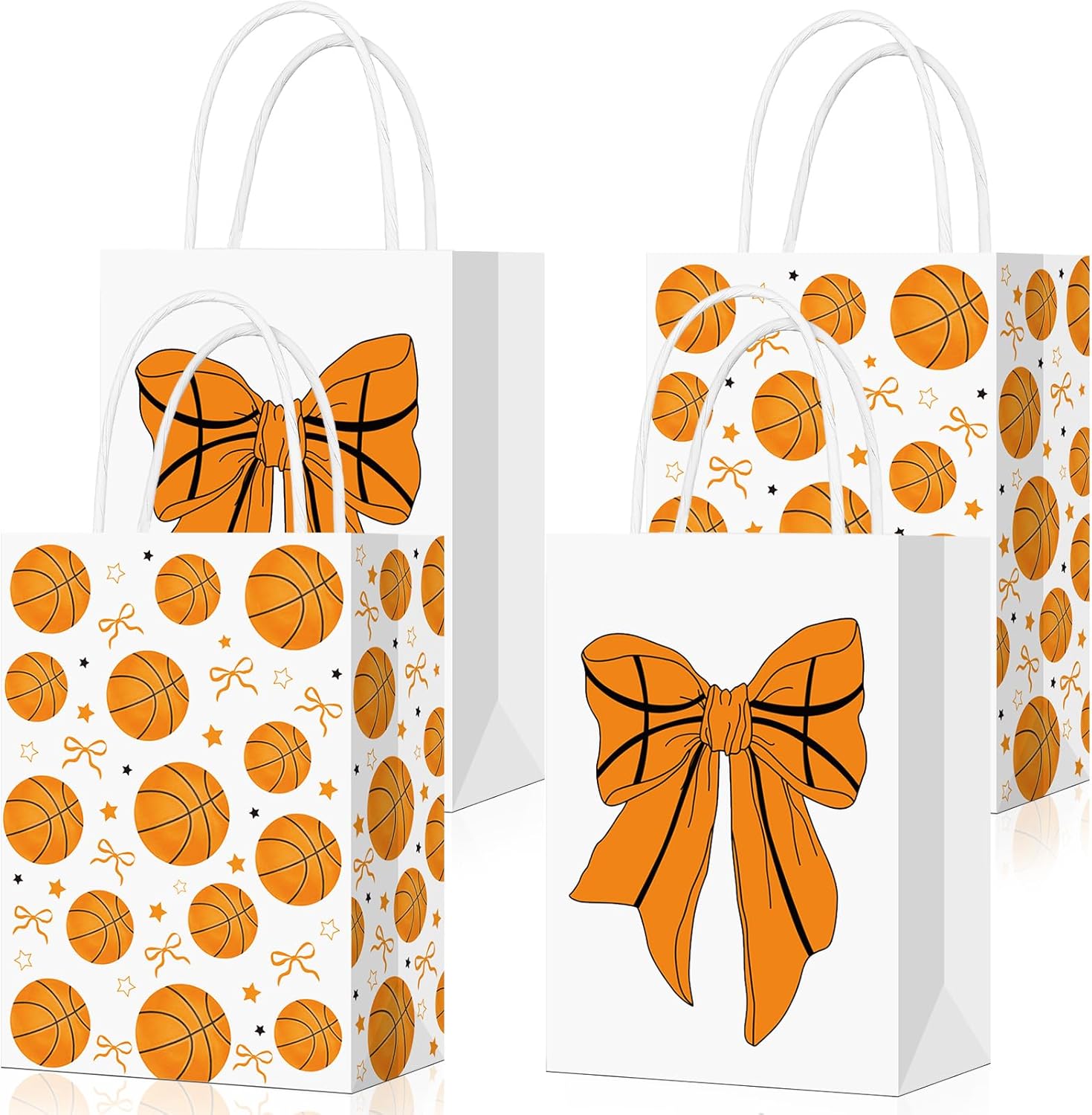 Eersida 16 Pcs Bow Basketball Gift Bags for Team with Handles Cute Basketball Party Favor Goodie Candy Treat Bags Bulk for Birthday Party Supplies