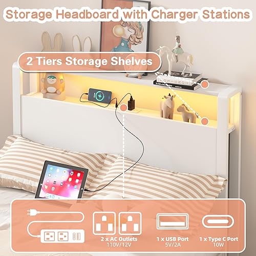 Miniatura 5 de Weehom Estructuras de Cama Individual con Estantes de Almacenamiento de Madera de 2 Niveles en el Cabecero, Cama Tamaño Individual con Estaciones de