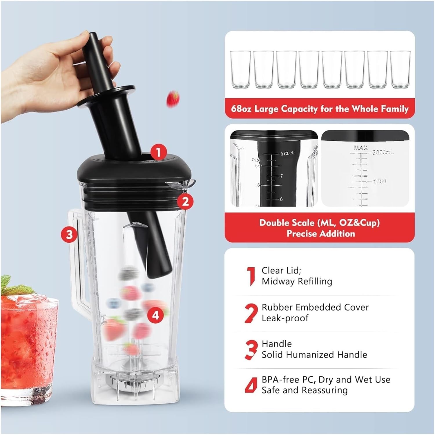 2200W Countertop Smoothie Blender, Professional Food Processor with 1-10 Speed Gears, 68oz Large Capacity Blender for Smoothies, Shakes, Ice Crushing, Kitchen Blending