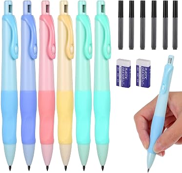 Mechanical Pencils Thick Pencils with Comfort Ergonomic Grip, Aesthetic Supplies with 6 Leads Refills, 2 pcs Erasers - 6PCS Colorful 2.0MM Pencil for Writing & Drawing