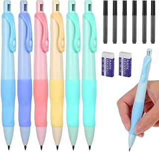 Mechanical Pencils Thick Pencils with Comfort Ergonomic Grip, Aesthetic Supplies with 6 Leads Refills, 2 pcs Erasers - 6PCS Colorful 2.0MM Pencil for Writing & Drawing