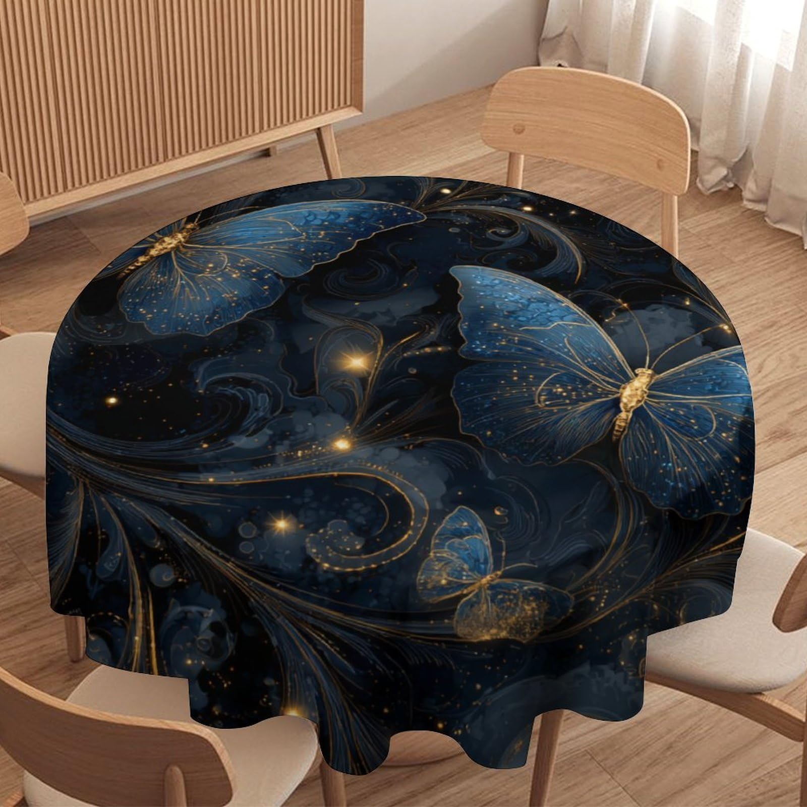 LUYYSKY Retro Watercolor Butterflies Waterproof Round Tablecloth Romantic Classic Animal Butterfly Blue Gold Pattern Washable Table Cover for Kitchen-91.4" Wx91.4 L cm