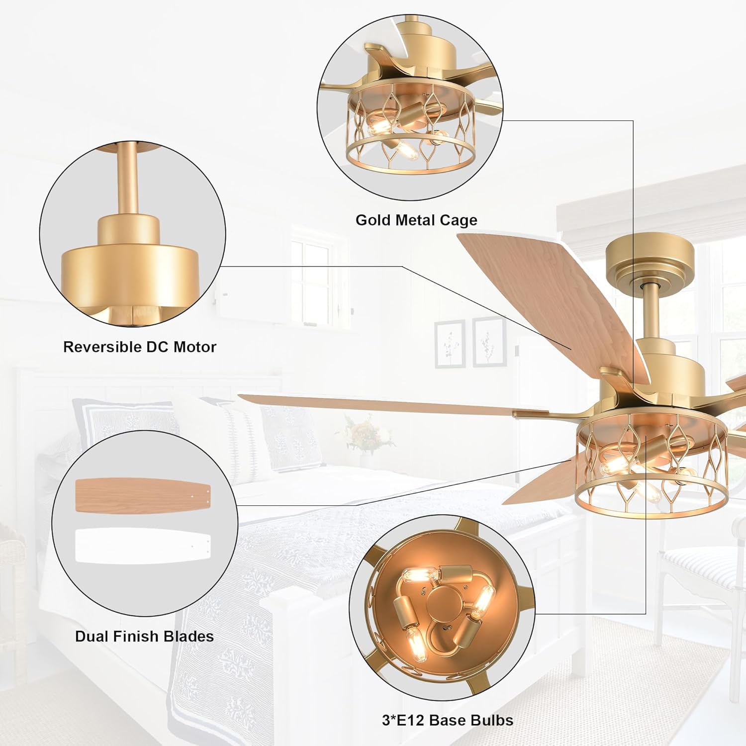 52 Inch White and Gold Ceiling Fan with Lights Modern Fandelier Ceiling Fan Industrial Caged Fandelier Farmhouse Rustic Chandelier Light for Living Room Indoor Outdoor, Reversible 6 Speeds