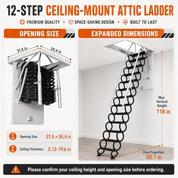 Ceiling Mount Attic Ladder, Retractable Attic Ladder Ceiling Pull Down System, 12 Steps Folding Loft Step with Armrests, Hidden Mount Attic Extension Stairs for Garage(Black, Step 12)
