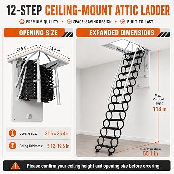 Ceiling Mount Attic Ladder, Retractable Attic Ladder Ceiling Pull Down System, 12 Steps Folding Loft Step with Armrests, Hidden Mount Attic Extension Stairs for Garage(Black, Step 12)