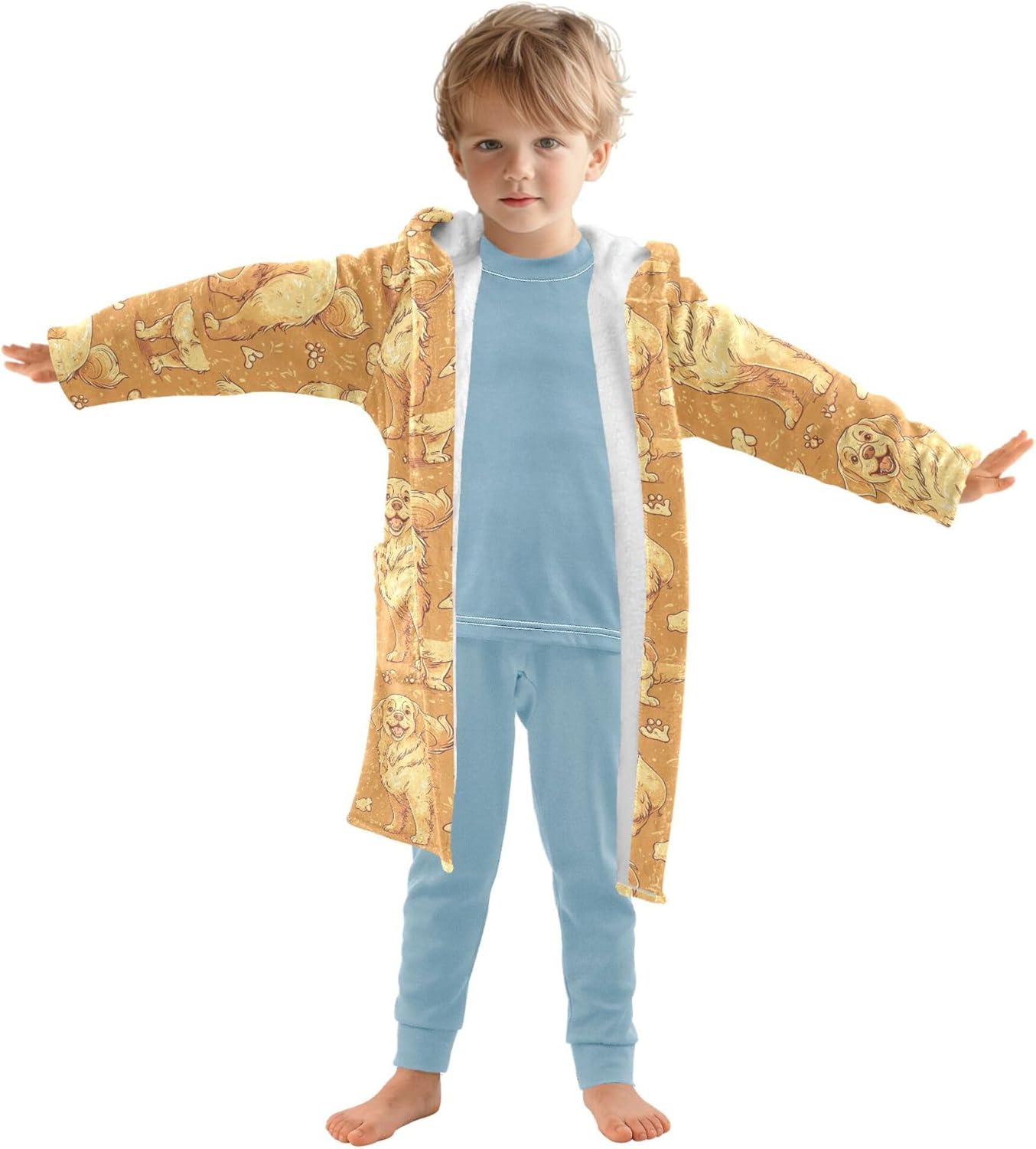 Cute Golden Retriever Dog Bathrobe Hooded PJ Robe Soft Fleece Robe Pajama Sleepwear 2-12 Years