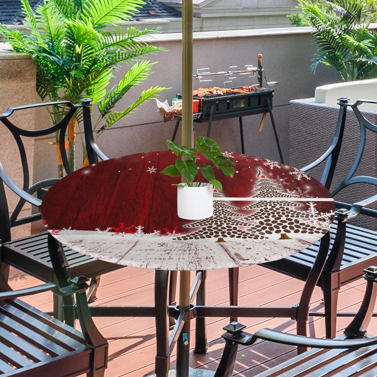 Christmas Tree Snowflakes Coffee Beans Outdoor Round Fitted Tablecloth with Elastic Edge, Waterproof Table Cover with Umbrella Hole Table Cloth, for Party Family Dining Fits 45-56 in Diameter Table
