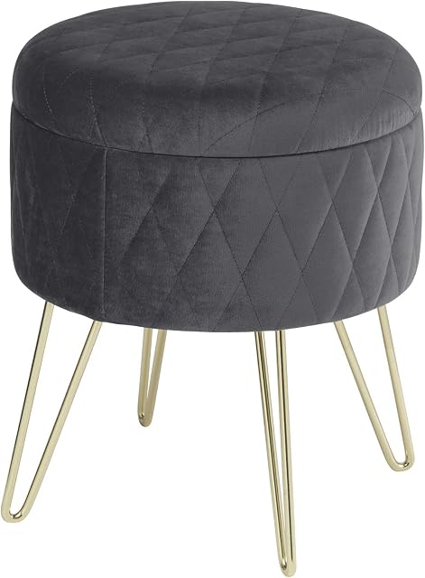 WOLTU Storage Ottoman Chair Stool Dark Grey Upholstered Footstool Velvet Dressing Table Stool Pouf Couch Stool Hairpin Golden Steel Legs Removable Cover, (DiaxH) 31.5x36cm