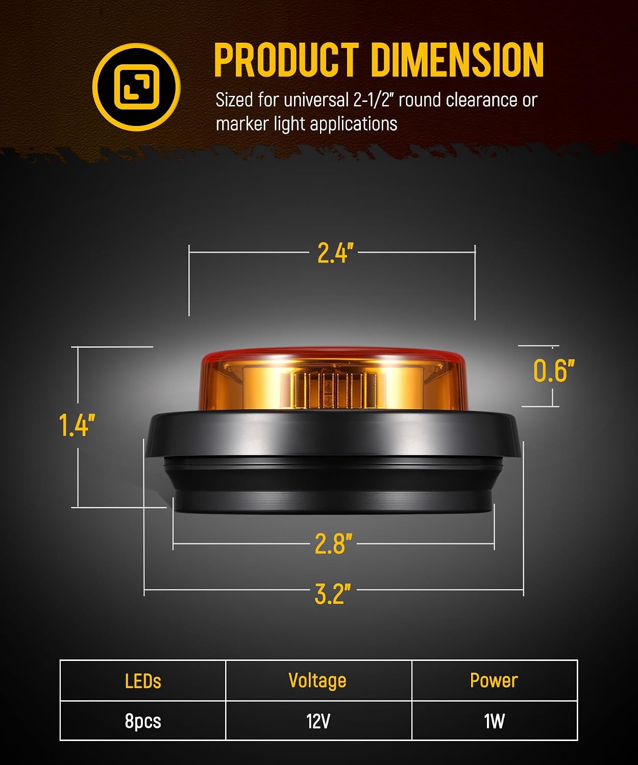 Partsam 10Pcs 2.5 inch Round Amber 8 LED Trailer Marker Lights, Clearance Light with Pigtail and Grommets for Camper RV Semi-trucks Flatbeds