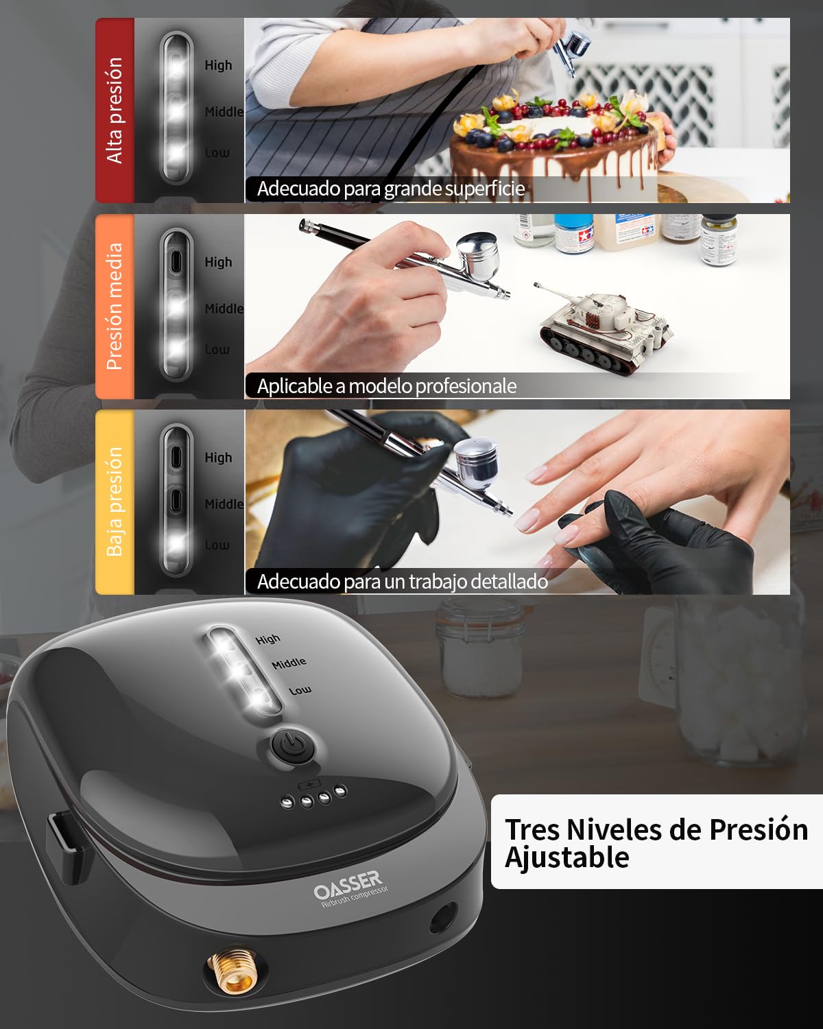 Oasser Mini Kit Aerógrafo con Compresor Portable Profesional Airbrush con Doble Acción 1000mAh Batería de Litio Recargable Juego de Pistola con Compresor para Pintura Artística Uña Modelo AK1 Nergo