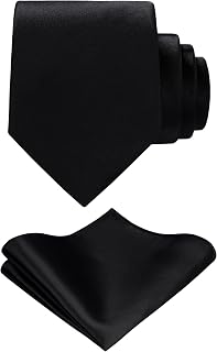 TieGUStyle Men's Solid Black Satin Necktie & Pocket Square Set in Premium Gift Box - Formal Wedding Ties