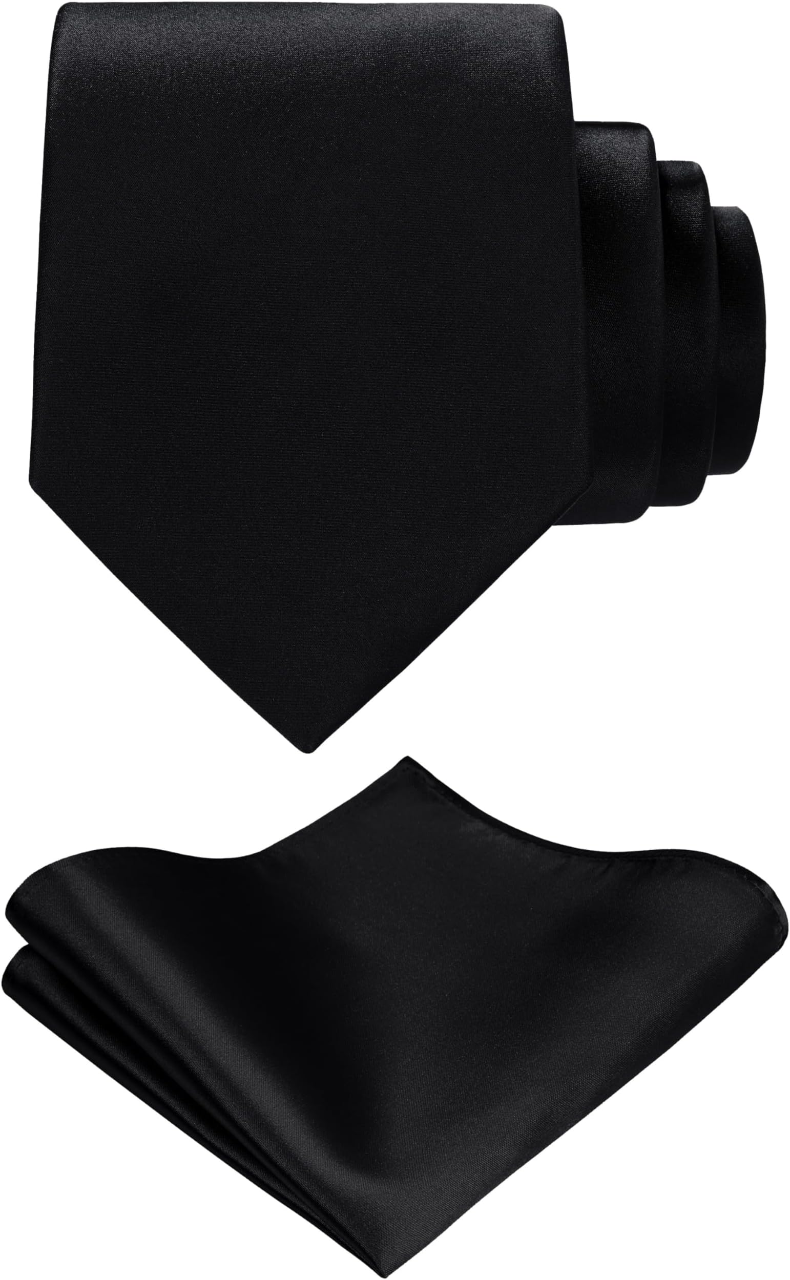 TIE G Solid Satin Woven dyed Color Formal Black Necktie and Pocket Square Sets in Gift Box