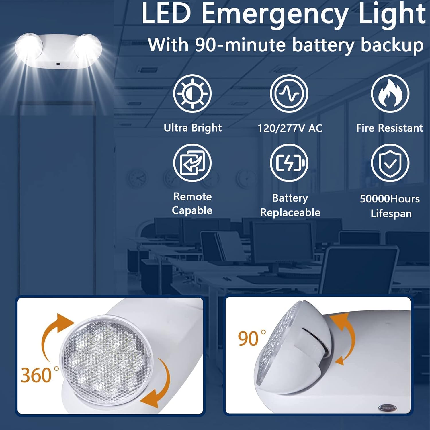 LED Emergency Lights with Battery Backup, Two Head Adjustable LED Commercial Exit Light, UL 924 Certified, AC 120/277V, Hardwired Emergency Exit Light Fixtures for Business (12 Pack)