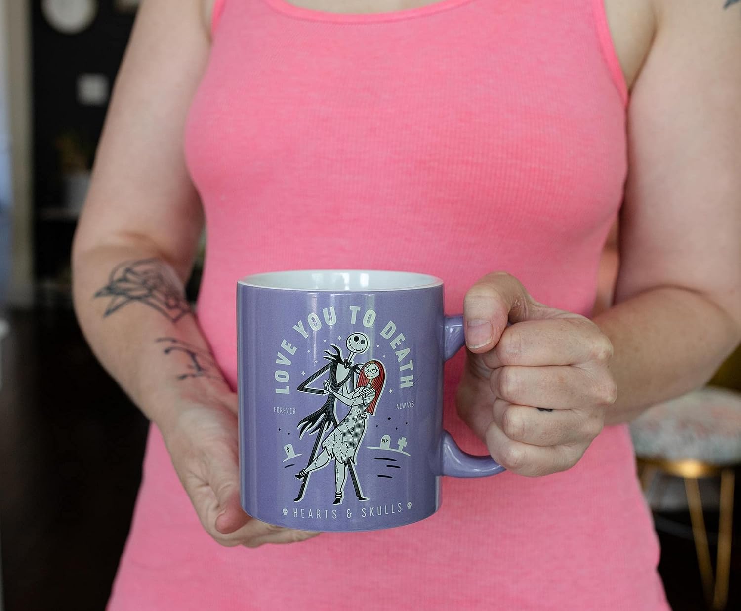 The Nightmare Before Christmas Love You To Death Jack and Sally Ceramic Coffee Mug, Oversized Large Cup | Novelty Drinkware For Tabletop | Official Disney Kitchen Accessories | Holds 20 Ounces
