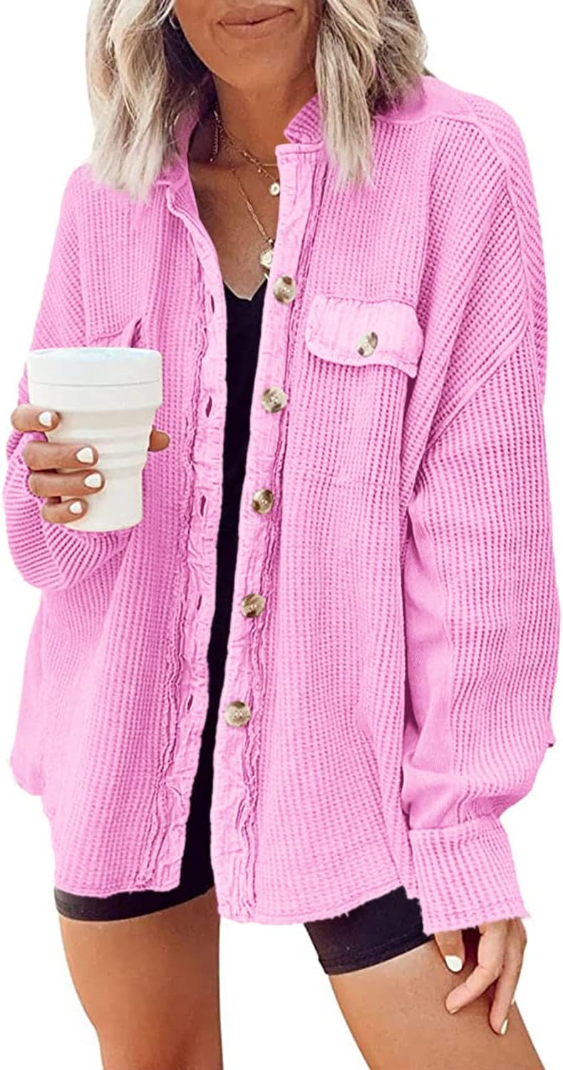 Yanekop Shackets for Women 2025 Waffle Knit Tops Long Sleeve Button Down Shirt Fall Jackets Outfits Corduroy Jacket
