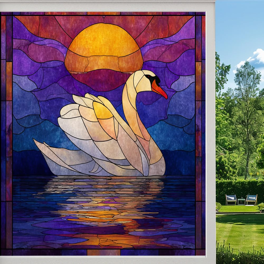 Retro Swan Frosted Window Film, Natural Sunset Lake Scenery Stained Glass Privacy Film, Heat Insulation Self-Adhesive Vinyl for Bathroom Office, （90x140cm）