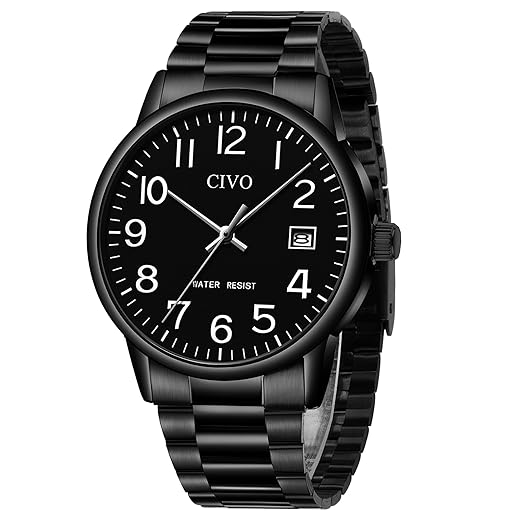 CIVO Watches for Men Analog Quartz: Waterproof Watch with Numeral Dial Easy to Read for Seniors Low-Vision - Black Dress Mens Wrist Watch Stainless Steel - Gifts for Husband Father at Birthday