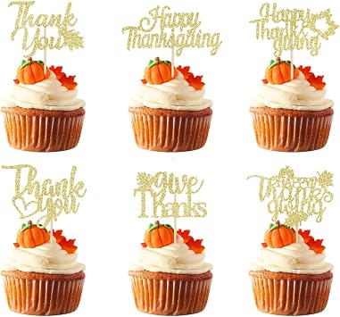 Gold Happy Thanksgiving Cupcake Toppers Give Thanks Cupcake Toppers Thank You Cupcake Toppers Friendsgiving Cupcake Food Toppers for Thanksgiving Friendsgiving Party Cake Food Supplies - 24Pcs