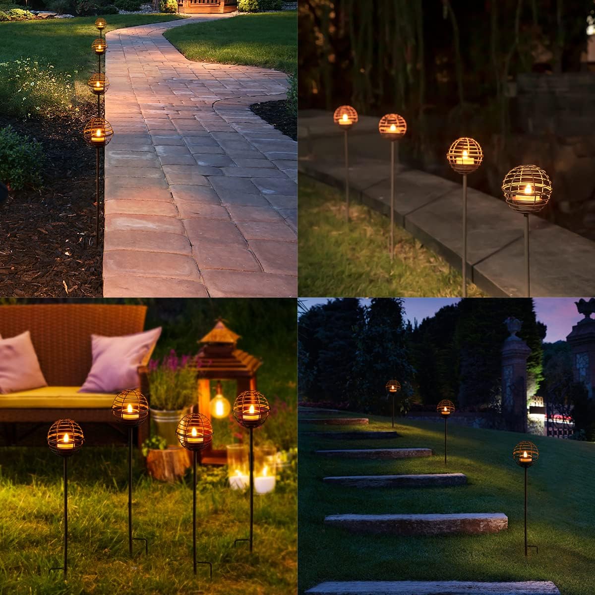 Solar Pathway Lights Outdoor, Rust Iron Ball Candle Holder Stake with Flickering Solar Powered Tea Lights, Perfect Decorative Garden Lighting for Yard Lawn Patio Landscape Decor Outside-4Pack