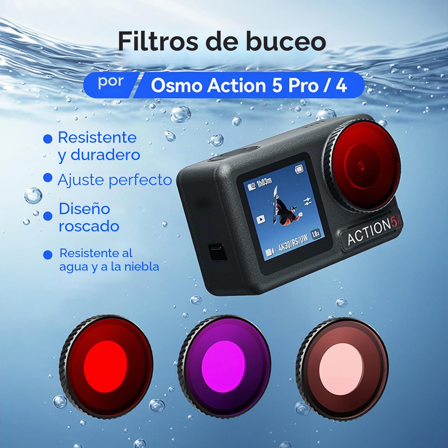 Filtro protector de lente impermeable para DJI Osmo Action 5 Pro/Action 4 cámara deportiva, filtro de cubierta protectora de lente subacuática antivaho (rojo)