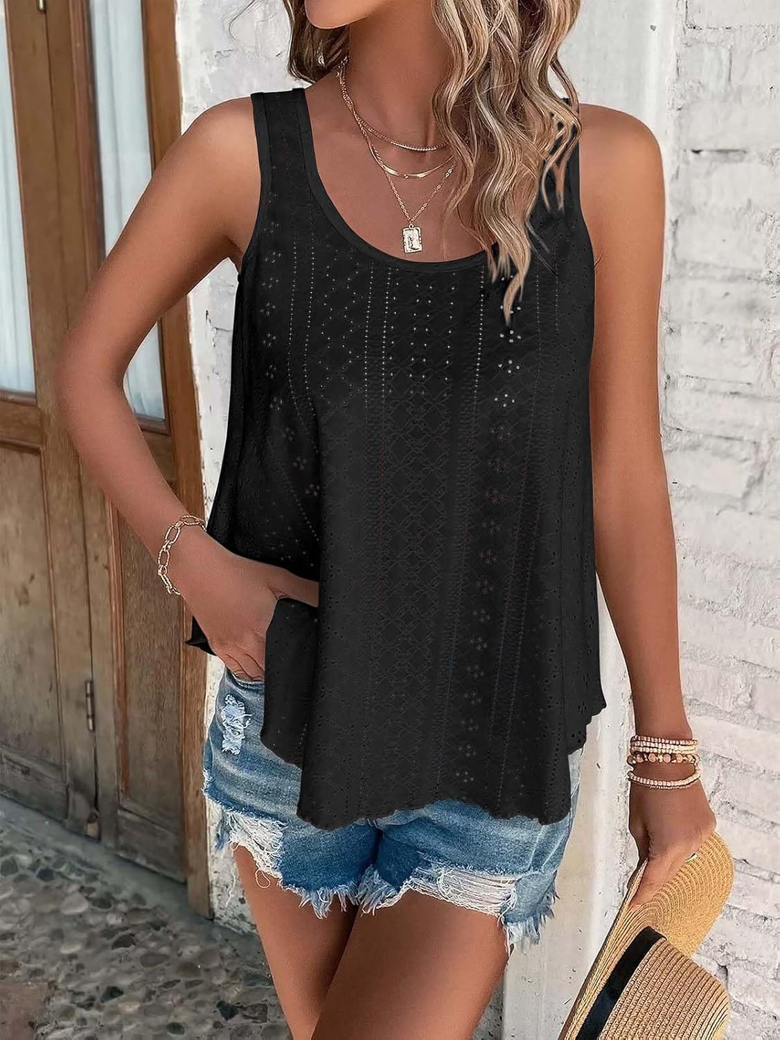 ATHMILE Womens Tank Tops Sleeveless Eyelet Embroidery Scoop Neck Loose Fit Casual Summer Flowy Beach - Image 2