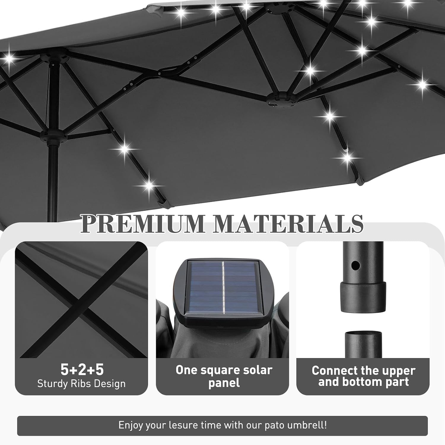 13 ft Patio Umbrella with 36 LED Lights, Large Rectangle Outdoor Solar Umbrella with Strap, Crank, Grey