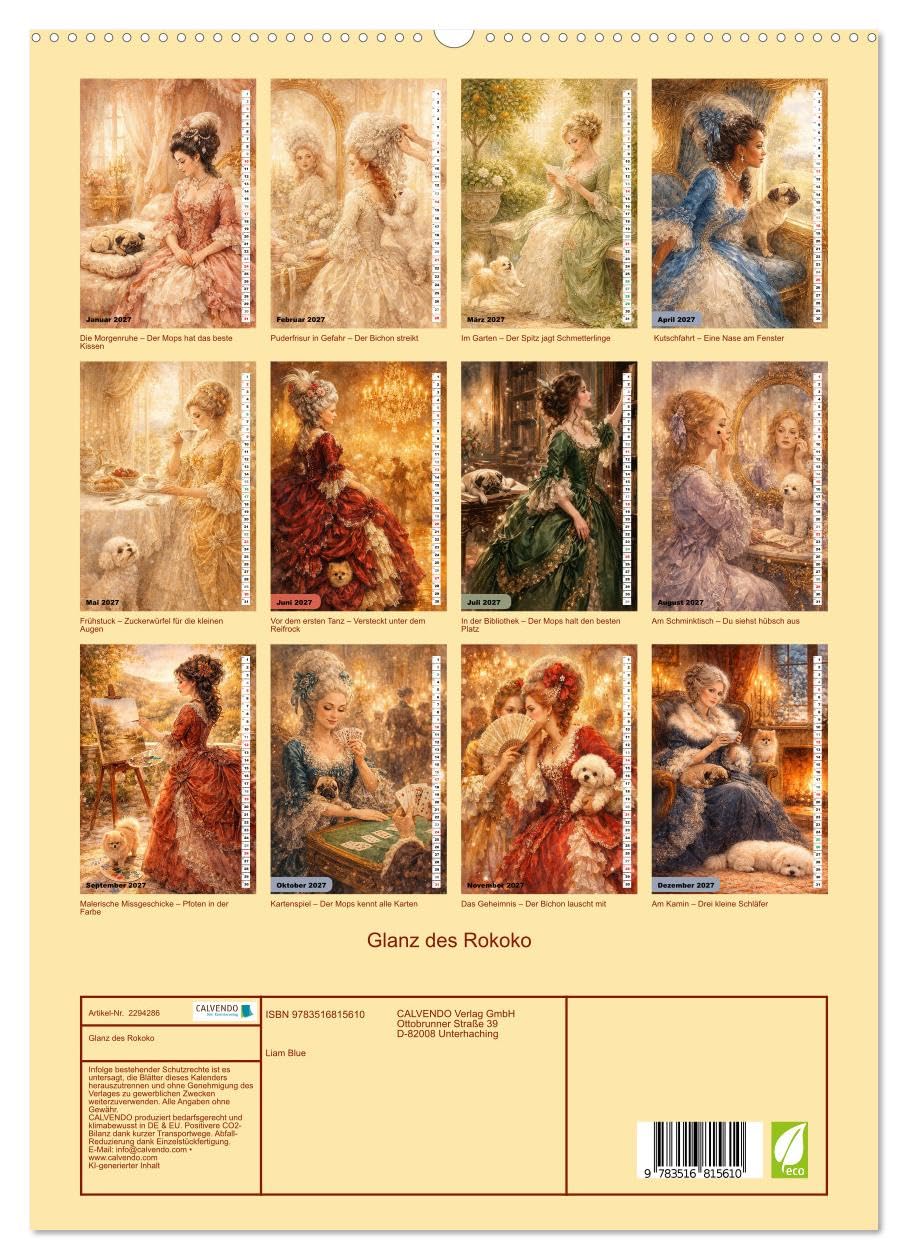 Glanz des Rokoko (hochwertiger Wandkalender 2027 DIN A2 hoch), Kunstdruck in Hochglanz: Edle Damen und ihre kleinen Begleiter (CALVENDO Tiere)