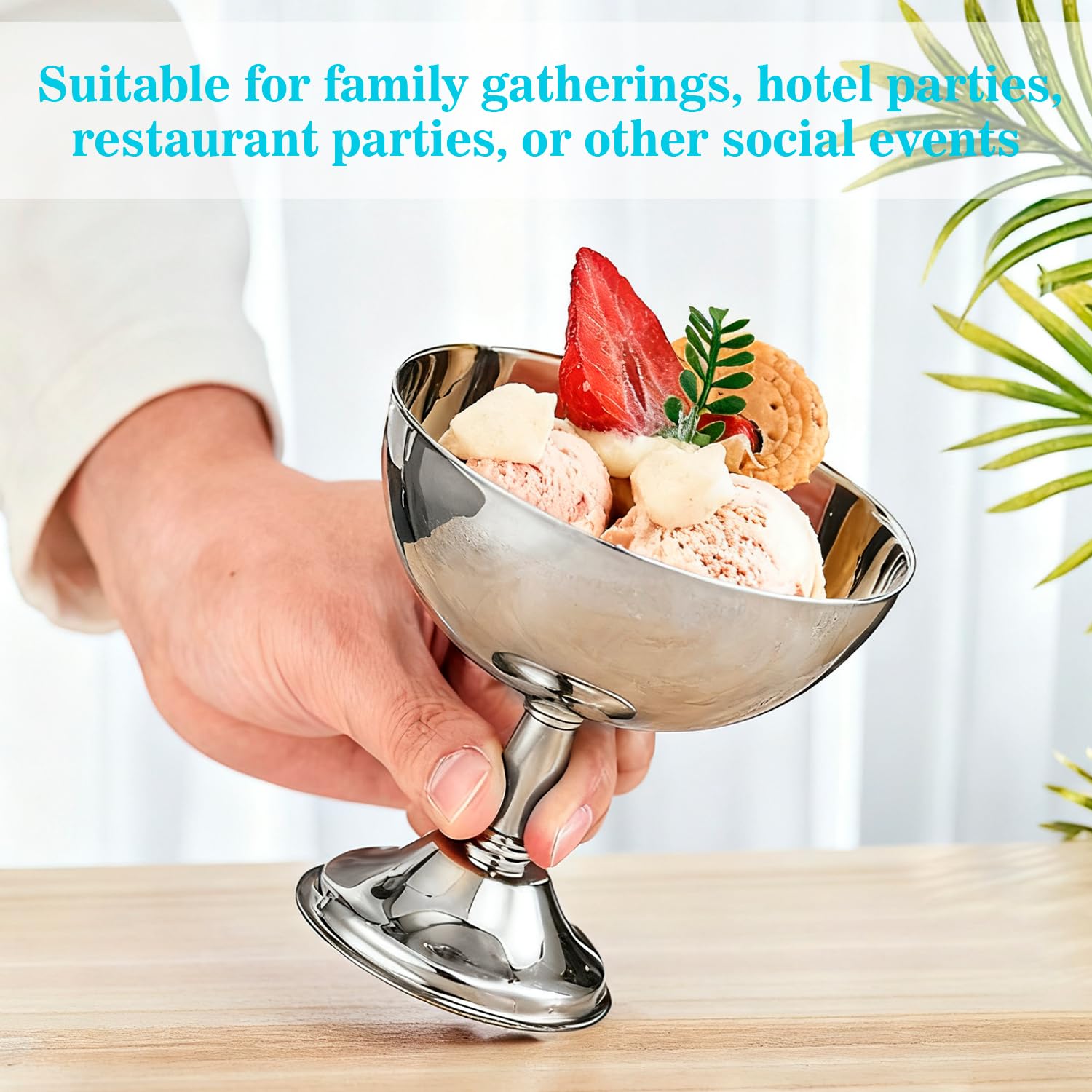 Tissting 8 ciotole per gelato, 270 ml, in acciaio inox, riutilizzabili, con base argentata, con cucchiaio o forchetta, per dessert, yogurt congelato, gelato, decorazioni per feste di compleanno