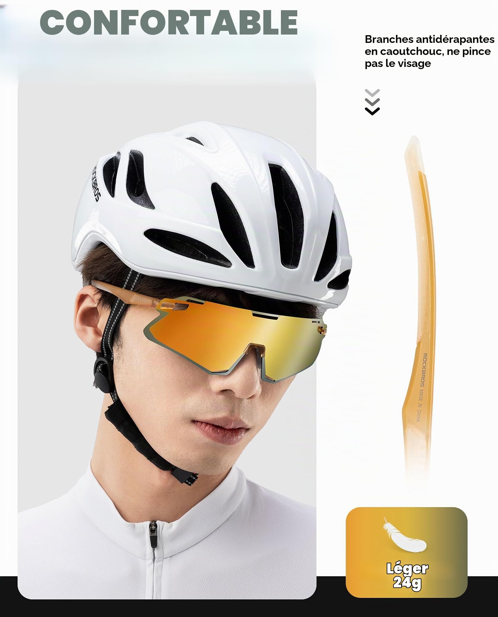 ROCKBROS Lunettes de Cyclisme Homme Femme Lunettes de Soleil TR90 Cadre Mémoire Léger Coupe-Vent Lentille Incurvée Haute Définition Protection VTT Vélo Route Pêche Course