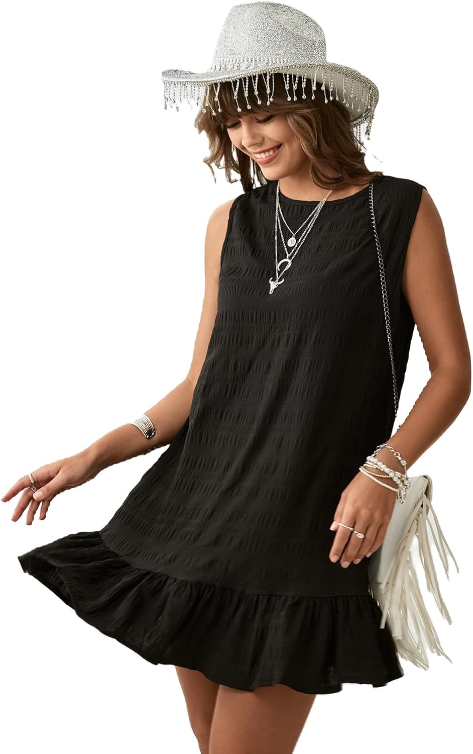 SOLY HUX Women's Ruffle Hem Sleeveless Tank Dress Round Neck Casual Smock Summer Mini Dresses