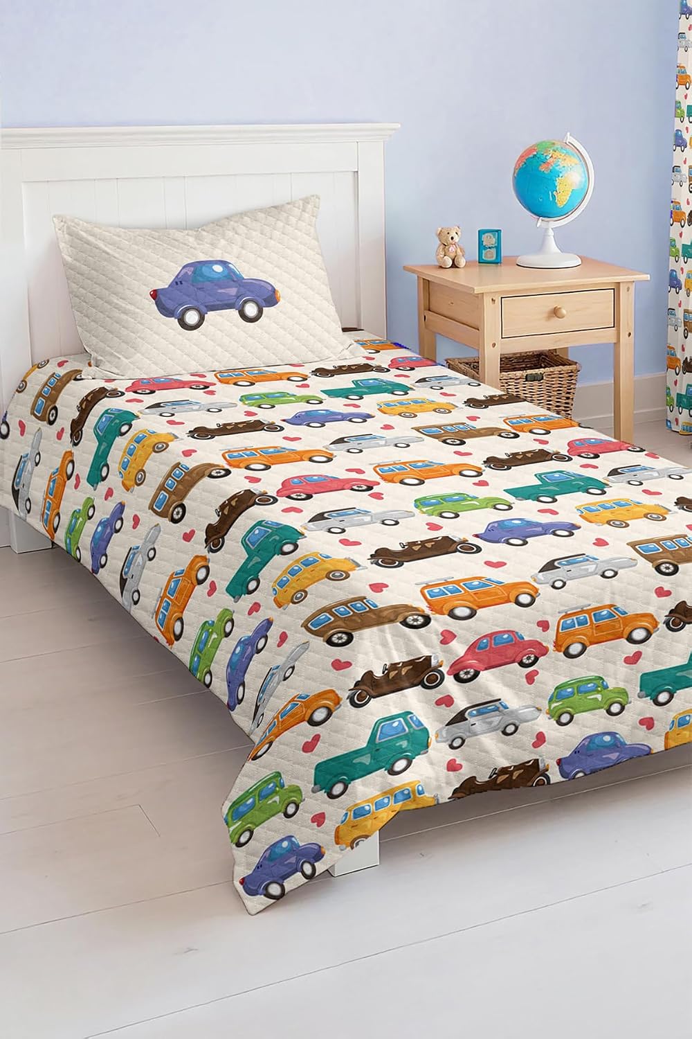 SODEF Quilt Set Twin Size Cute Vehicle Design for Kids and Teens, Lightweight Cotton Polyester Blend, Includes Quilt and Pillowcase, Breathable, Multicolor - Multicolor, One Size