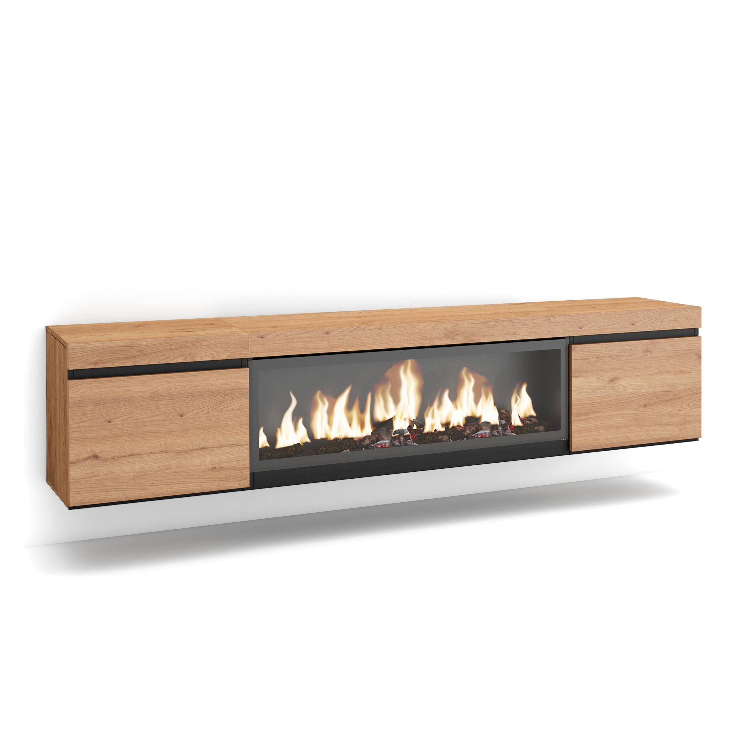 Skraut Home | Mueble TV | Televisión | Muebles de salón, almacenaje | 210 | para TV hasta 80" | Chimenea eléctrica XXL | Colgado, Suspendido | Estilo Moderno | Roble