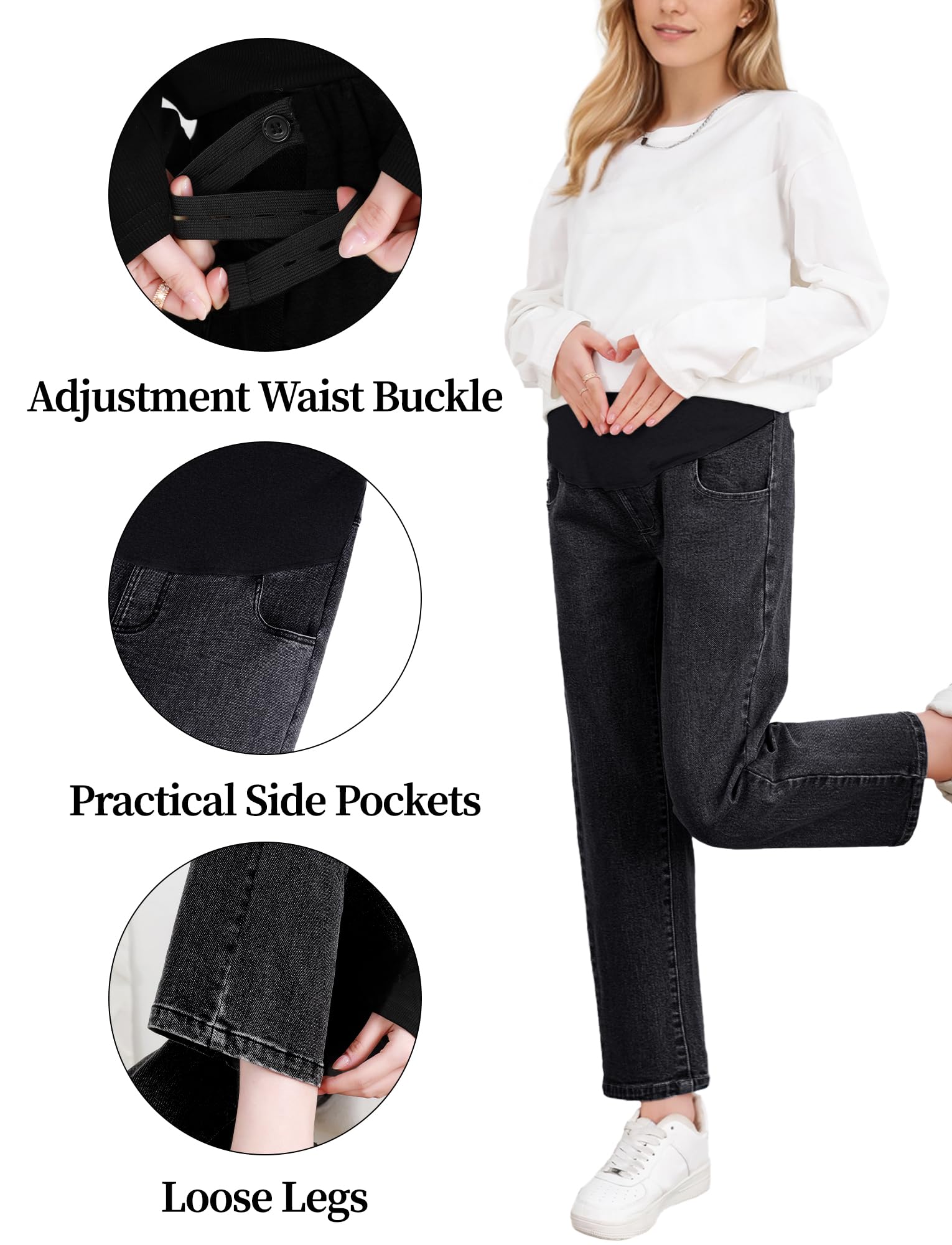 FEOYA Schwangerschaftsjeans Damen Umstandsjeans Umstandshosen Jeans mit weitem Bein Freizeitjeans Jeanshosen mit Taschen für Schwangere