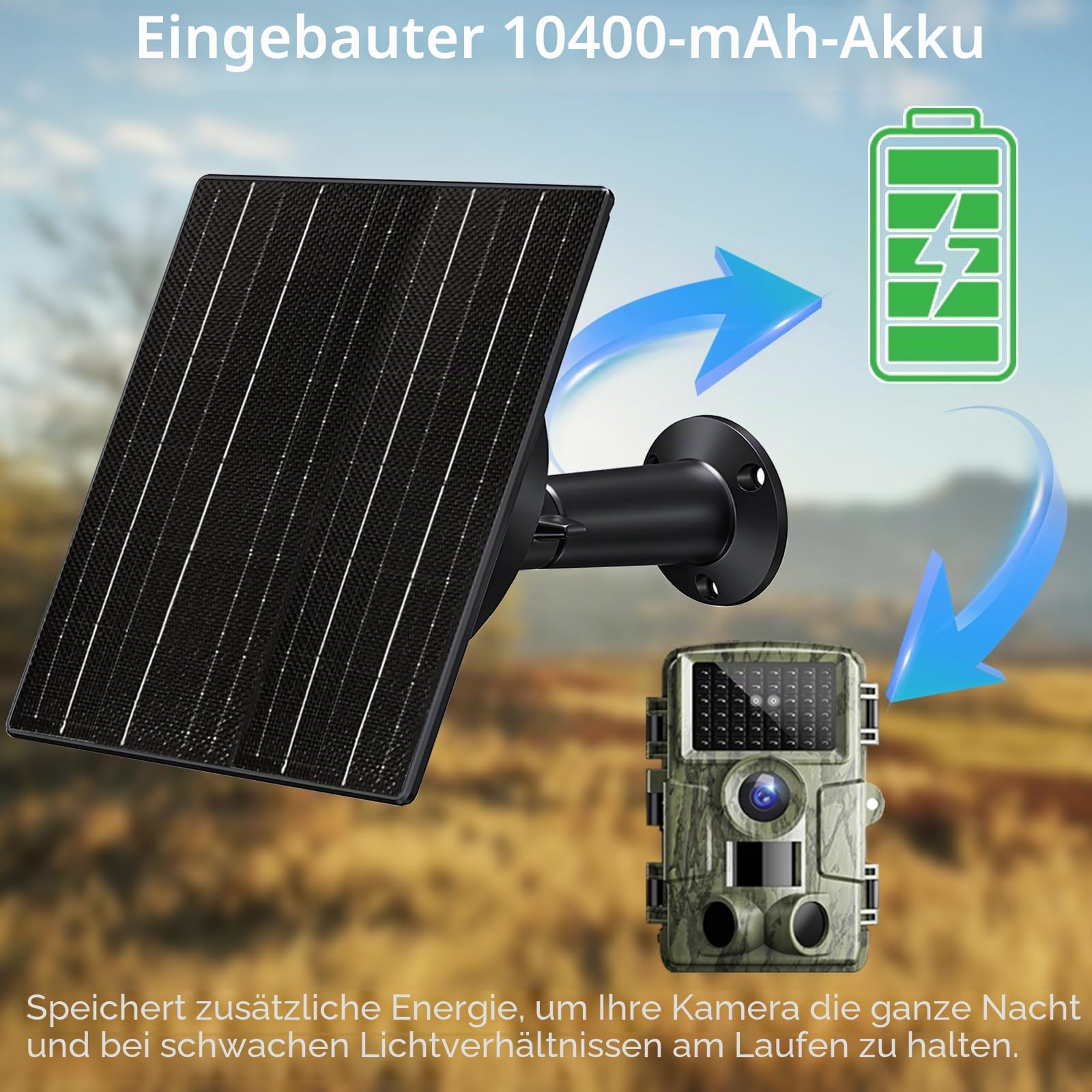 10W Solarpanel mit 10400mAh Akku, 5V/12V einstellbarer Ausgang, IP66 wasserdicht für Überwachungskameras