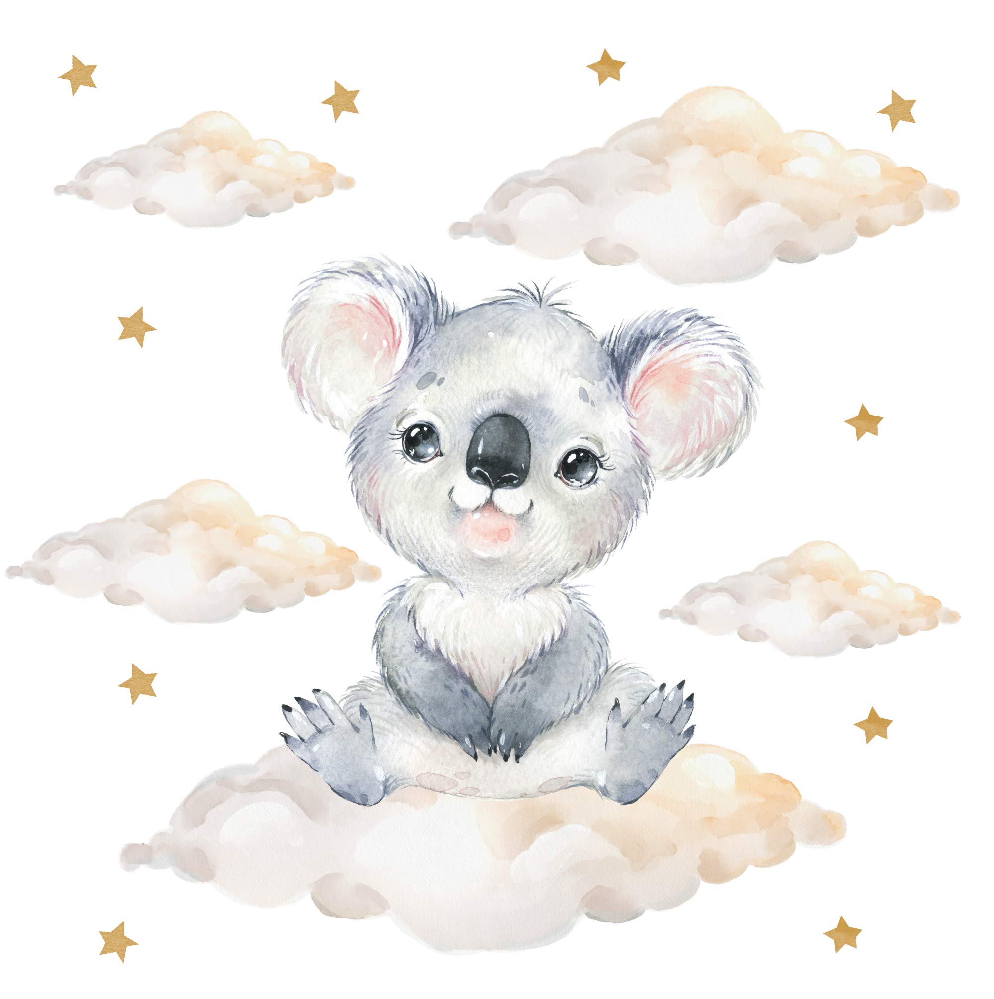 Pandawal Dekoracyjny tatuaż ścienny do pokoju dziecięcego, koala z chmurami, gwiazdy, chłopiec dziewczynki, naklejka na ścianę niemowlę safari, zwierzęta naklejki ścienne (L, Koala)