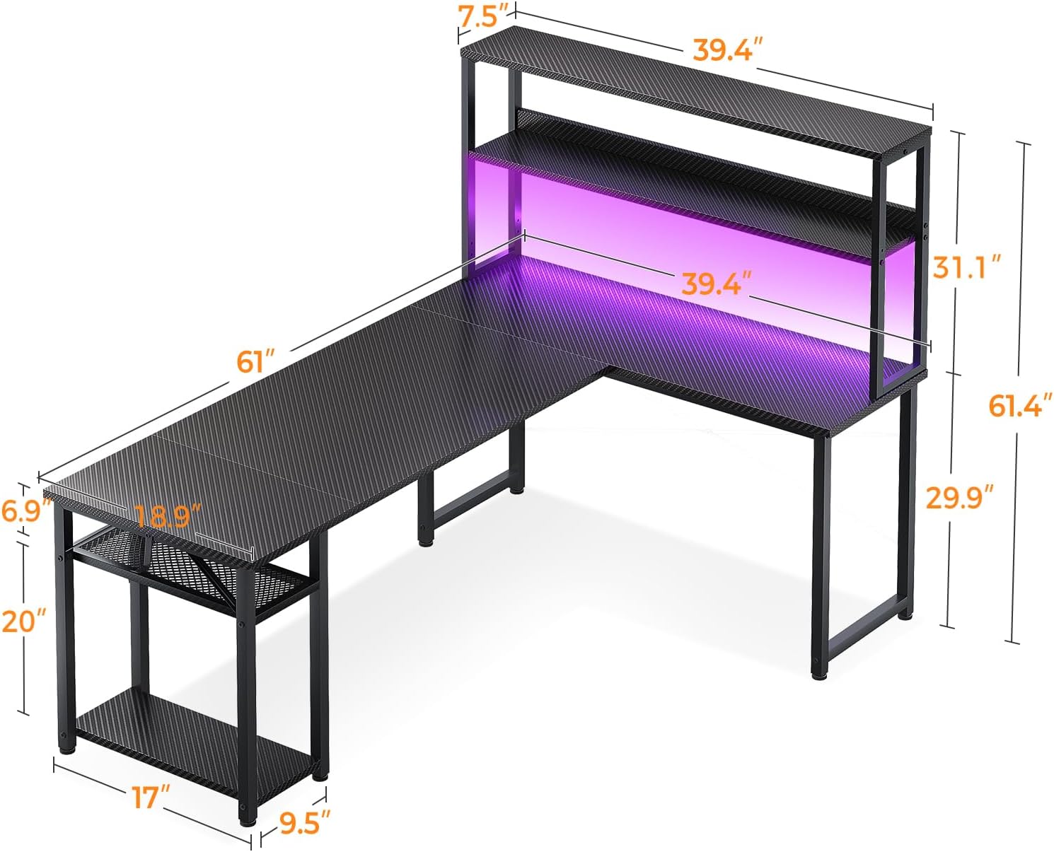 ODK 61" L Shaped Gaming Desk with Hutch & Headphone Hook, Corner Computer Table with Storage Shelves for Home Office, Black