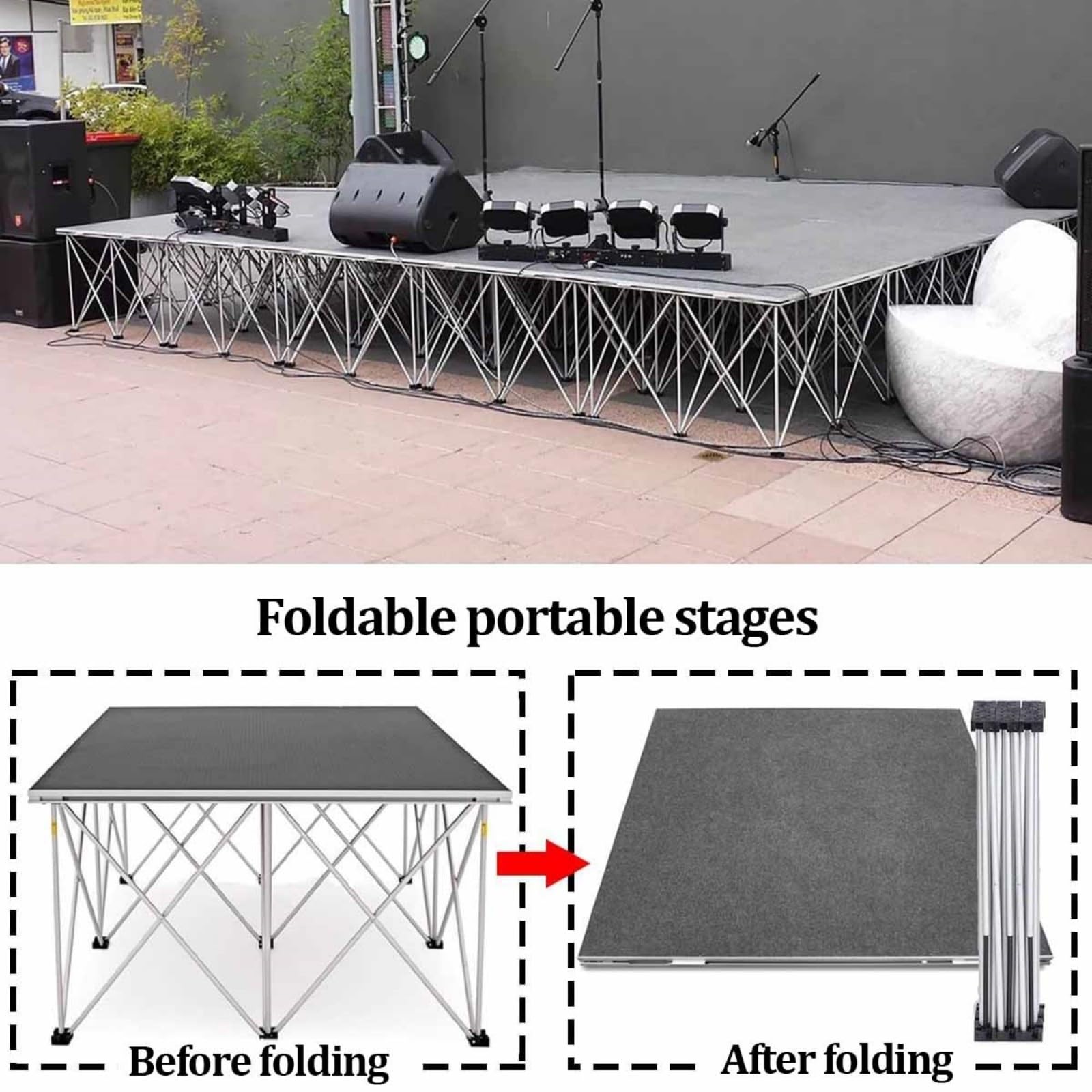 Plataforma modular portátil de 1,2 m x 1,2 m, de aluminio ligero y plegable, ideal para escenarios de entretenimiento compactos y bodas.