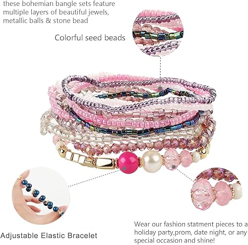 Miniatura 5 de FIBO STEEL Juego de 6 pulseras apilables de cuentas bohemias para mujer, juego de pulseras elásticas multicapa, joyería bohemia multicolor