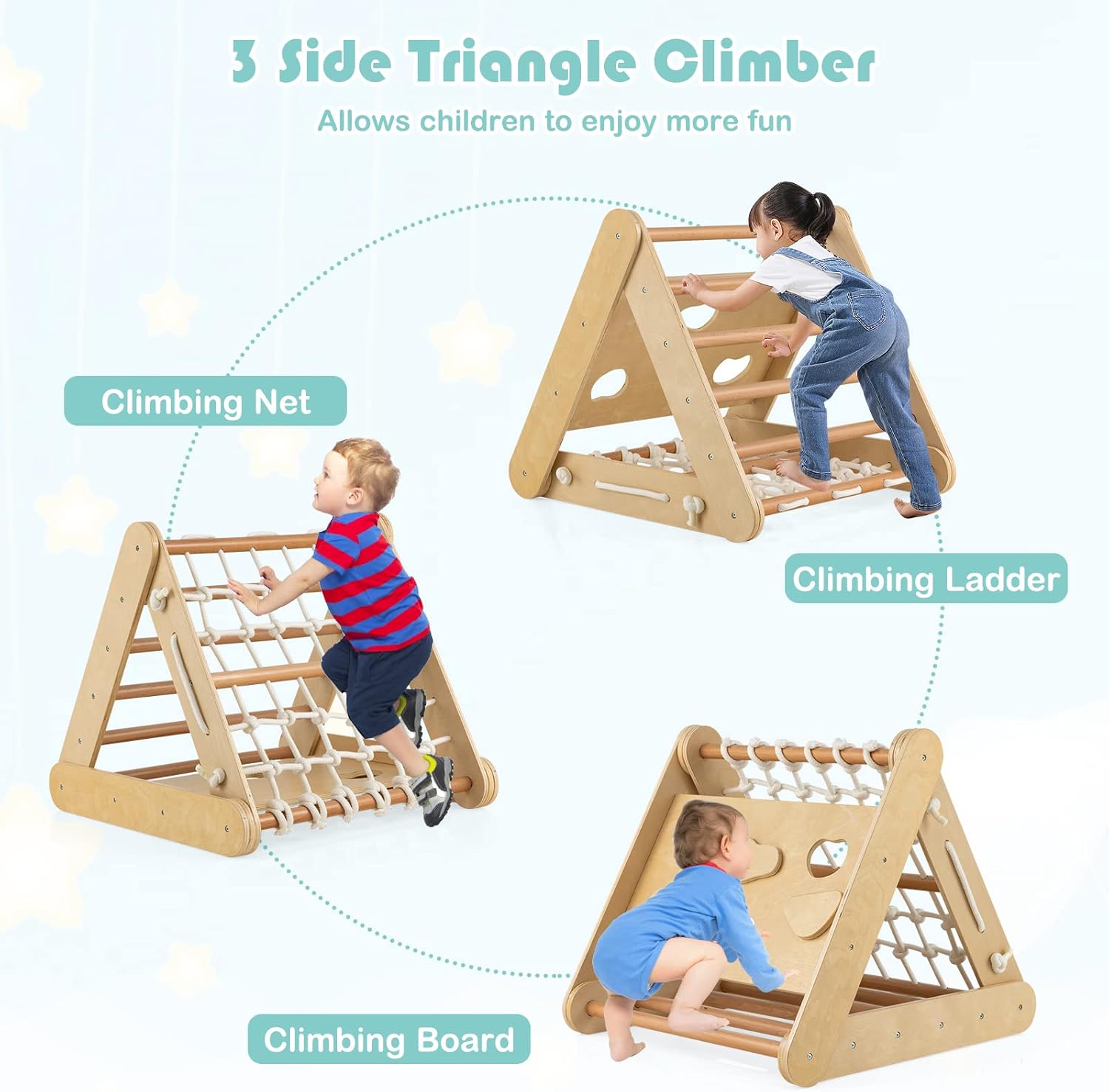 HONEY JOY 4-in-1 Triangle Climber with Ramp, 3-Side Kids Climbing Triangle Ladder with Net Rope & Bars, Wooden Montessori Climbing Toys for Toddlers Daycare, Gym & Playground, Gift for Boys Girls