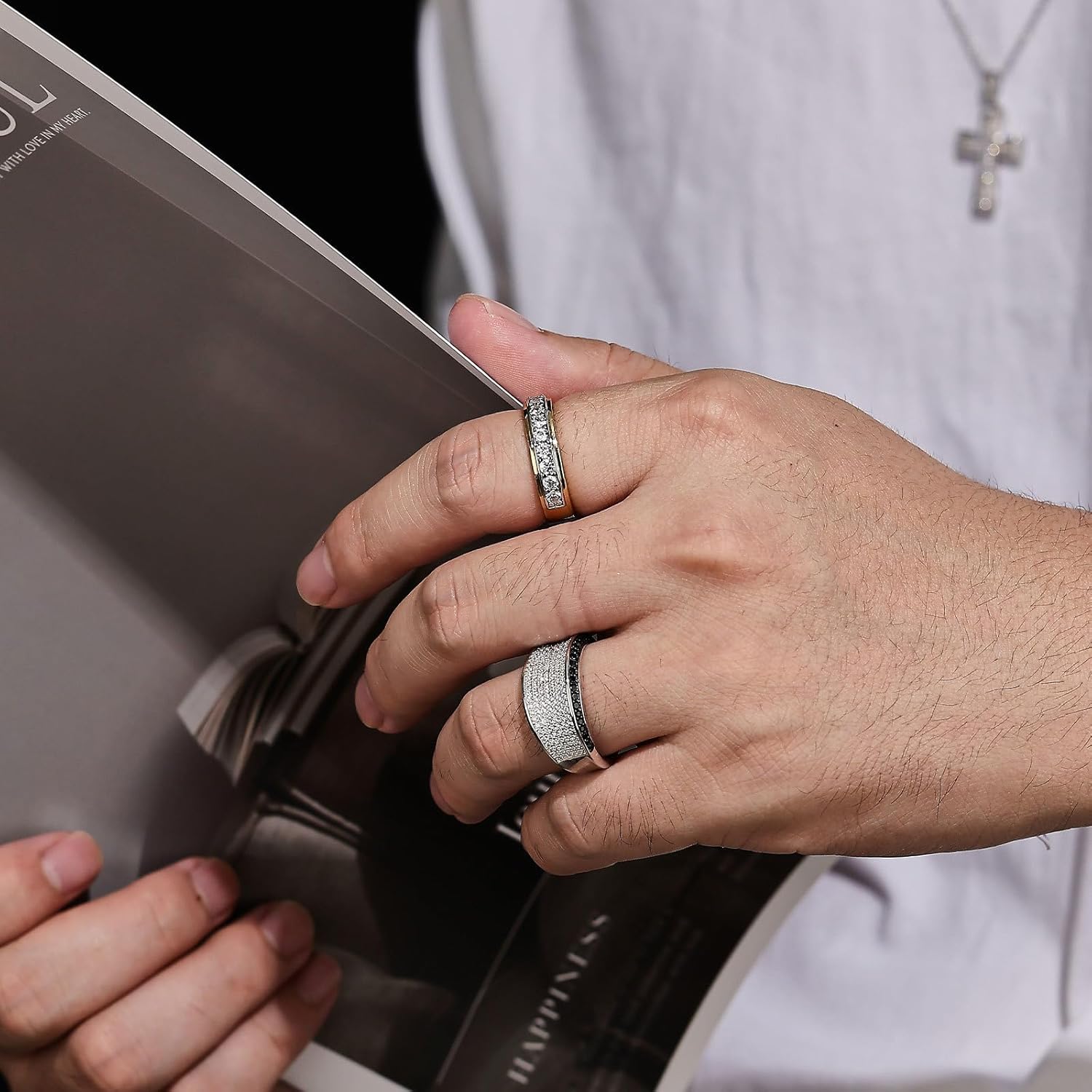 Mens wedding Band 925 Sterling Silver Gold Rings For Men 14K White and Yellow Gold Plated 1ct 9 Round 5A Cubic Zirconia Promise Rings For Him Size 8-13 - Image 5