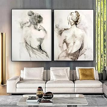ZHUOYA Abstract Black White Woman Sexy Naked Back Canvas Painting Posters and Prints Wall Art Picture Living Room Decor Cuadros 50x70cmx2 frameless