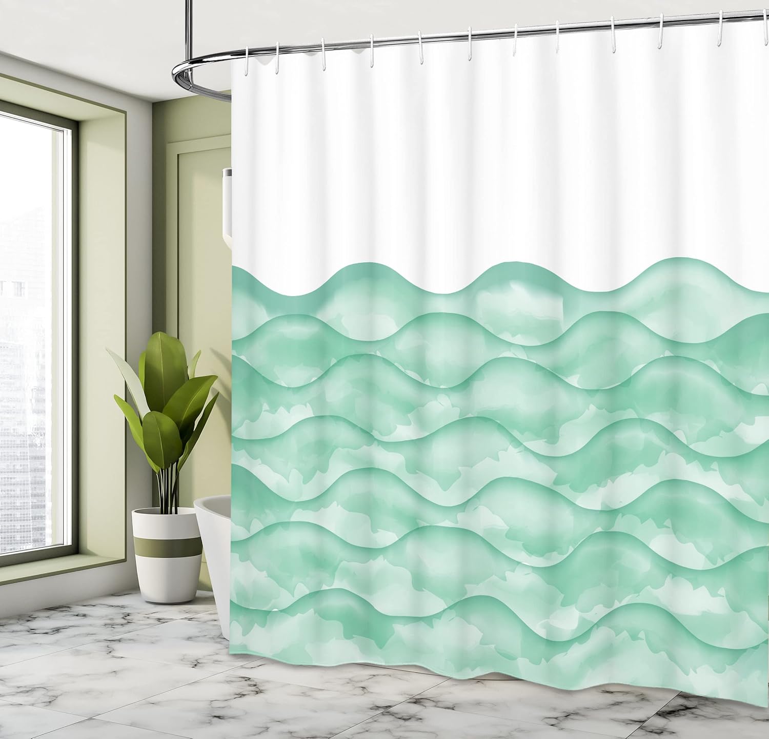 Ambesonne Ocean Shower Curtain, Sea Waves Illustration Features Liquid Ocean Motion Water Tides Image Artwork, Cloth Fabric Bathroom Decor Set with Hooks, 69" W x 70" L, Seafoam White