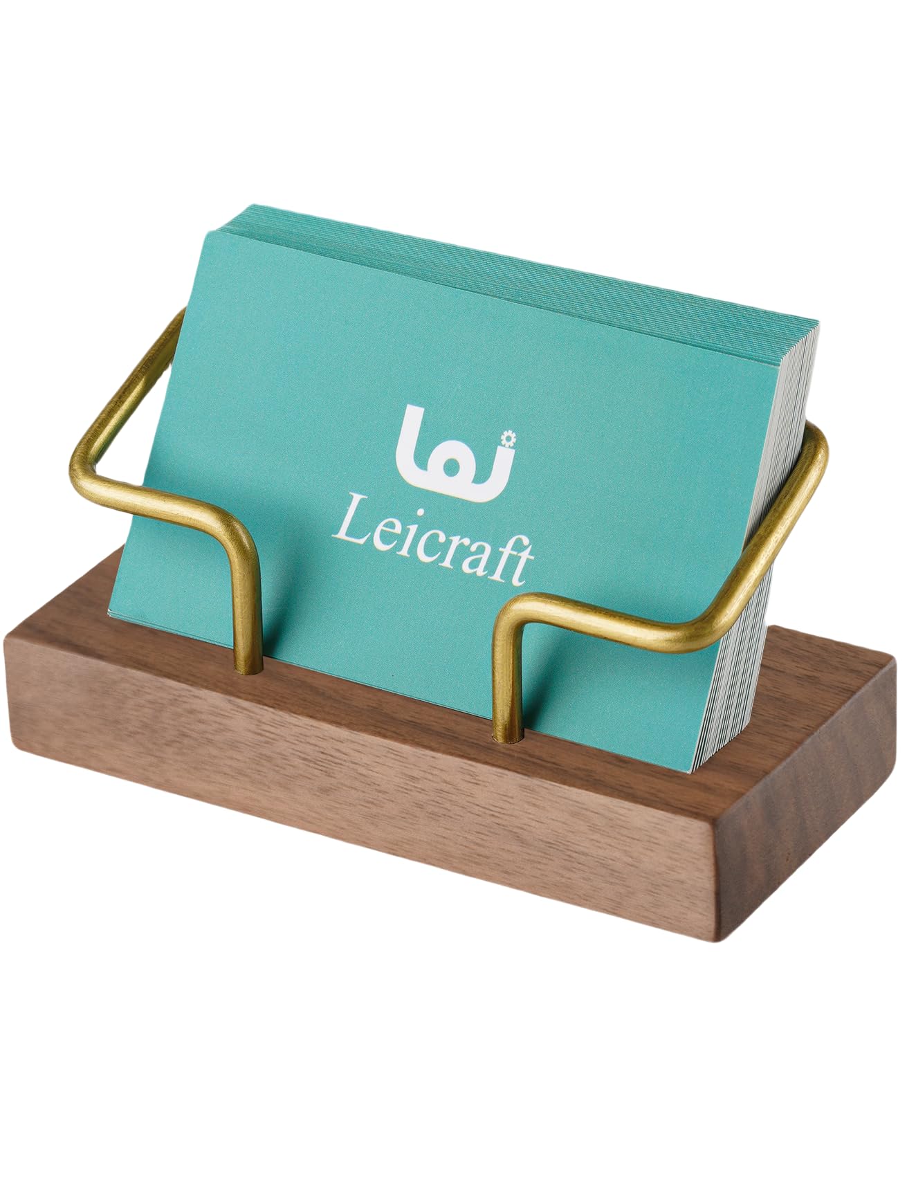 Leicraft Walnut Wood and Brass Business Card Holder for Desk , Modern Desktop Business Card holder, Index Card Organizer