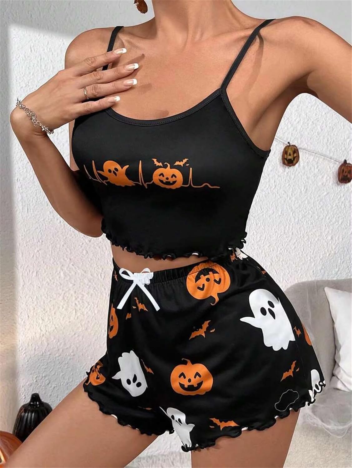 iTranyee Women Halloween Print 2 Piece Pajamas Set Cute Pattern Sleeveless Crop Cami Top Ruffle Shorts Outfits Sleepwear - Image 3