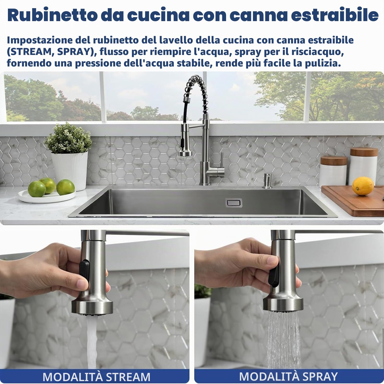 Lavello Cucina 75 x 45 cm + Rubinetto Cucina Estensibile, Lavello con Sgocciolatoio e Sifone, Lavello Cucina 1 Vasca Quadrata, Lavello Incasso con 2 Fori Rubinetto, Acciaio Inox Spazzolato